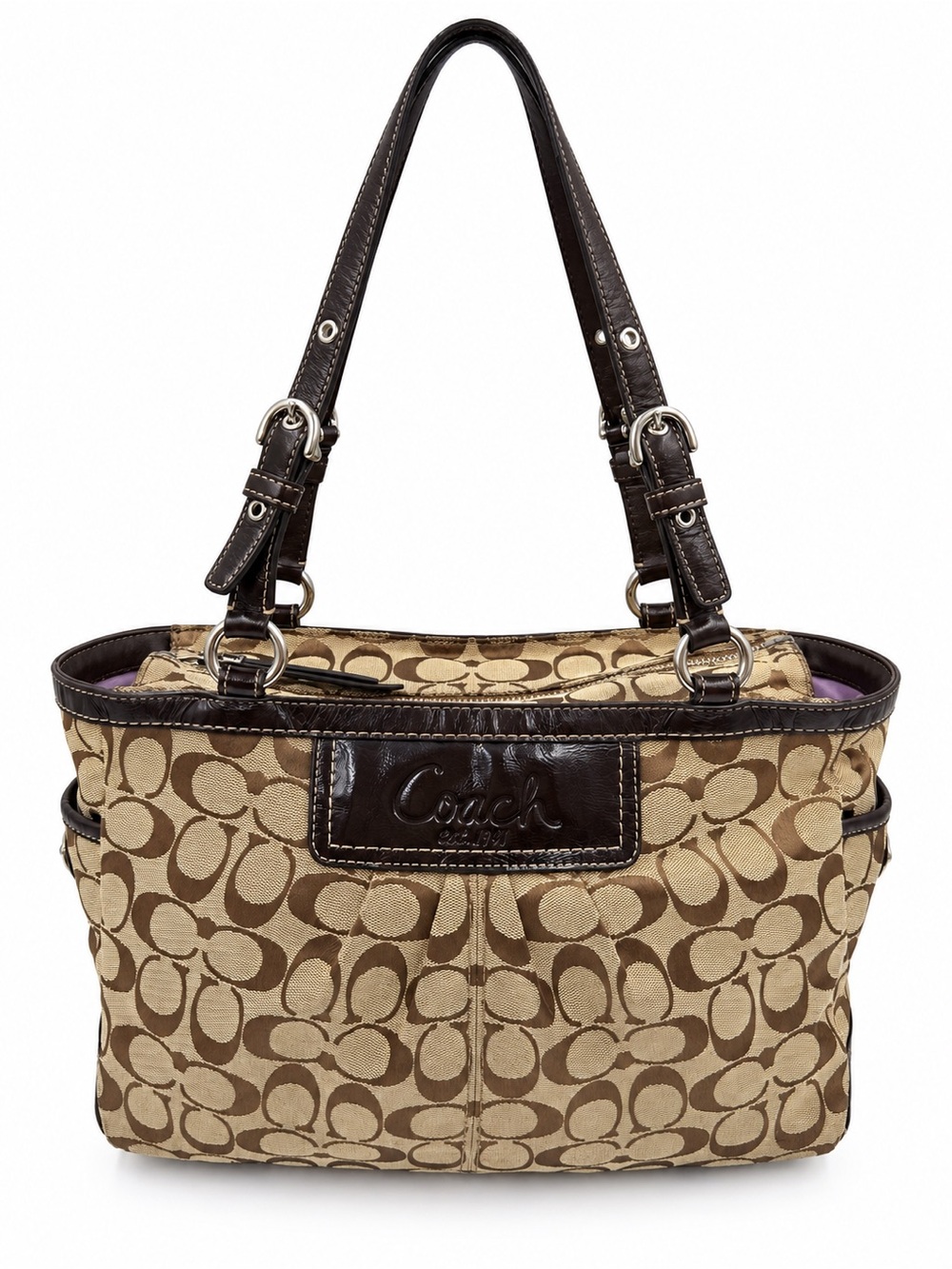 Coach Signature Pleated Gallery Tote Handbag Khaki Brown Jacquard F14281